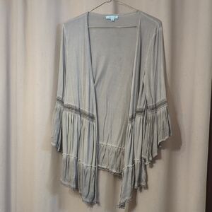 She + Sky Light Gray Ruffle-Trim Open-Front Cardigan